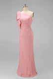 Robe longue de demoiselle d’honneur rose rose rose à fleurs, une épaule, avec un nœud d’honneur