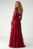 Robe Mère de la Mariée en dentelle bourgogne scintillante avec manche