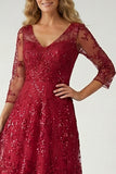 Robe Mère de la Mariée en dentelle bourgogne scintillante avec manche