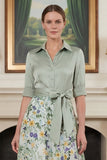 Robe Mother of the Bride imprimée en vert sauge avec manches