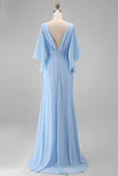Chiffon bleu ciel A robe de mère de la mariée à col en V avec manches