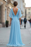 Chiffon bleu ciel A robe de mère de la mariée à col en V avec manches