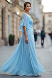 Chiffon bleu ciel A robe de mère de la mariée à col en V avec manches
