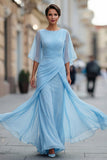 Robe mère de la mariée en chiffon bleu marine à lignes A à demi-manches