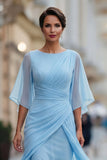 Robe mère de la mariée en chiffon bleu marine à lignes A à demi-manches
