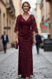 Robe de mère de la mariée en fourreau rouille en dentelle avec demi-manches