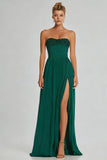 Robe longue en mousseline sans bretelles vert foncé A Line avec fente