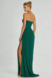 Robe longue en mousseline sans bretelles vert foncé A Line avec fente