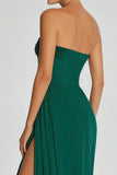 Robe longue en mousseline sans bretelles vert foncé A Line avec fente