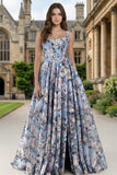 Corset bleu Une robe longue à fleurs à col carré imprimée en ligne avec fente