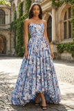 Corset fleuri bleu A-Line sans cercles longue robe en satin