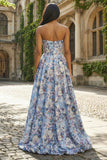 Corset fleuri bleu A-Line sans cercles longue robe en satin