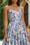Corset fleuri bleu A-Line sans cercles longue robe en satin