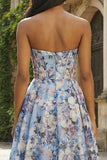 Corset fleuri bleu A-Line sans cercles longue robe en satin
