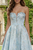 Robe Maxi en brocart en satin Jacquard bleu clair sans bustier