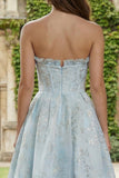 Robe Maxi en brocart en satin Jacquard bleu clair sans bustier
