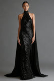 Robe longue sirène noire scintillante avec serpentin