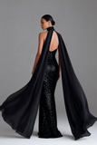 Robe longue sirène noire scintillante avec serpentin