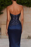 Robe Maxi sans bretelles sirène bleu marine avec sequins