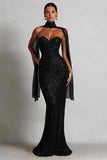 Robe Maxi Sirène Noire Scintillante avec un Sacrf au col