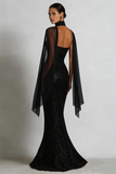 Robe Maxi Sirène Noire Scintillante avec un Sacrf au col