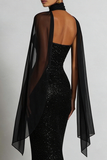 Robe Maxi Sirène Noire Scintillante avec un Sacrf au col