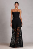 Robe longue en satin noire bretellée sans bretelles avec dendelle