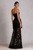 Robe longue en satin noire bretellée sans bretelles avec dendelle