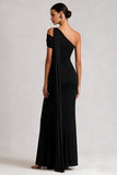 Robe longue en satin noir à une épaule avec serpentin