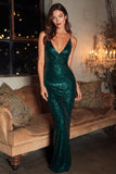 Robe longue à paillettes, sirène à bretelles fines vert foncé
