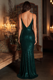 Robe longue à paillettes, sirène à bretelles fines vert foncé