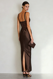 Robe Maxi simple en satin café avec fente