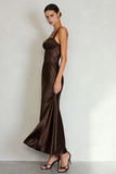 Robe Maxi simple en satin café avec fente