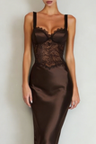 Robe Maxi simple en satin café avec fente