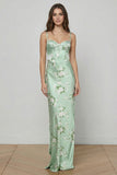 Robe longue fleurie imprimée vert sauge avec dentelle dans le dos
