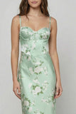 Robe longue fleurie imprimée vert sauge avec dentelle dans le dos