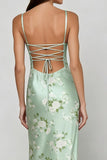 Robe longue fleurie imprimée vert sauge avec dentelle dans le dos