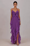 Robe longue prune en chiffon à volants avec fente