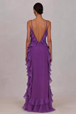 Robe longue prune en chiffon à volants avec fente