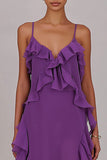 Robe longue prune en chiffon à volants avec fente