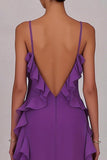 Robe longue prune en chiffon à volants avec fente