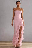 Robe en mousseline longue en mousseline rose, bustier sans bustier à volants et fente
