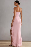 Robe en mousseline longue en mousseline rose, bustier sans bustier à volants et fente