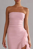 Robe en mousseline longue en mousseline rose, bustier sans bustier à volants et fente