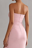Robe en mousseline longue en mousseline rose, bustier sans bustier à volants et fente