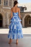 Robe midi sans bretelles blanche bleue, fleur bleue et volants