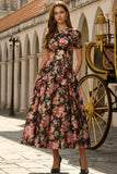 Robe noire rose à manches courtes midi en satin midi avec poches