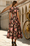 Robe noire rose à manches courtes midi en satin midi avec poches