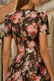 Robe noire rose à manches courtes midi en satin midi avec poches