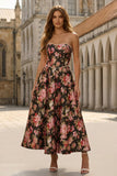 Robe midi noire rose à motifs A-line bretelles avec des perles